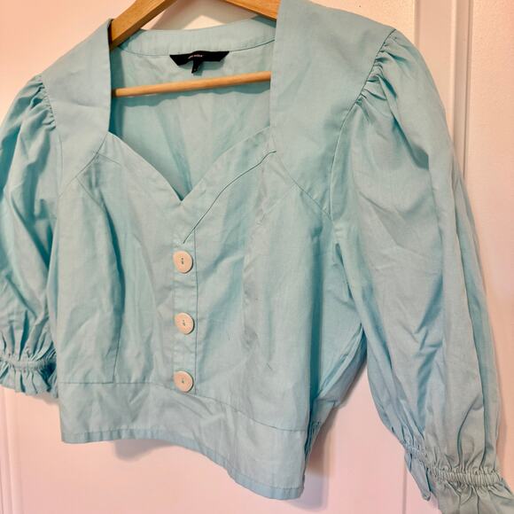 Vero Moda Blue Puff Sleeve Cropped Top Women’s Size M Summer Blouse Lightweight - Picture 2 of 7